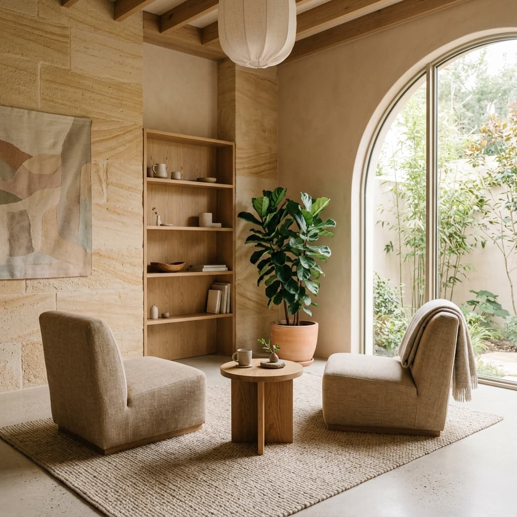 Soft earth-toned minimalist clinic room